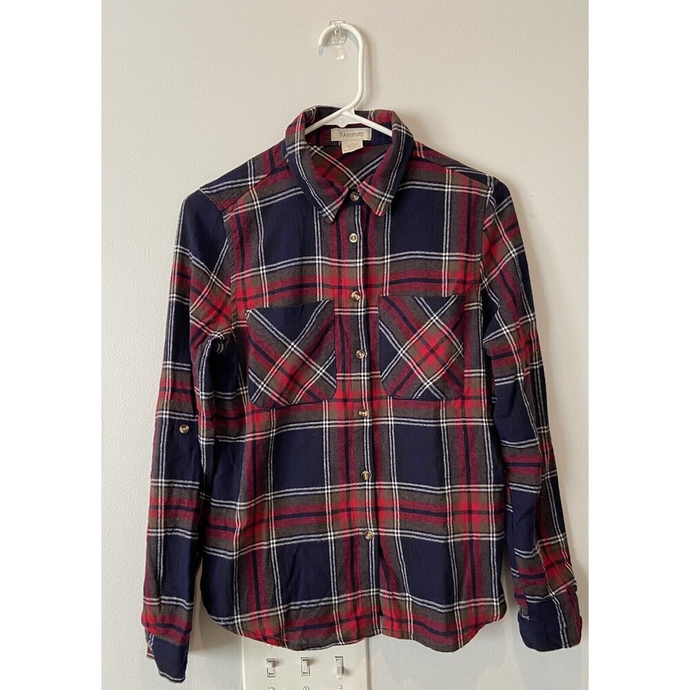 Passport Kid’s Button Up Shirt Flannel Plaid Multi-Colored Casual Size M